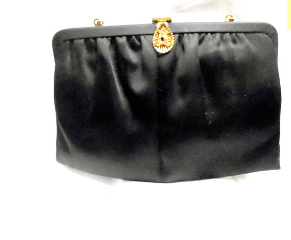 Andre Black Satin Clutch Purse Gold Rhinestone Cl… - image 2