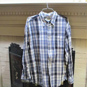 Eddie Bauer XXL Vintage Flannel Shirt Button Down Blue Black Gray White Plaid Pocket Laundry Tag Attached