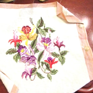 Floral Needlepoint Cushion Seat Cover Wall Hanging Vintage Handmade Needlepoint