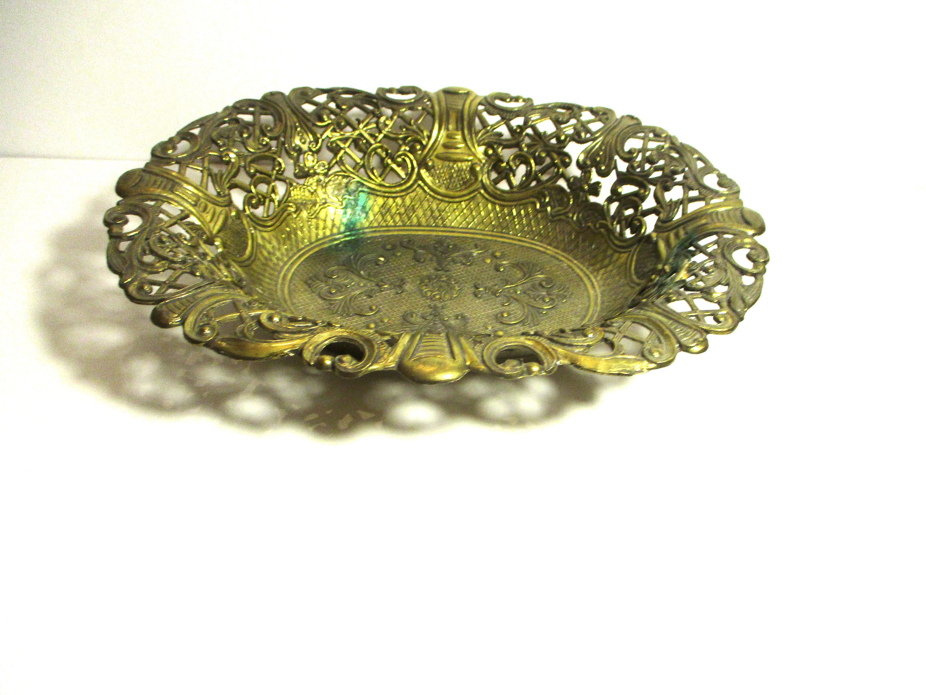 Vintage Solid Brass Ornate Filigree Oval Bowl Made in Italy