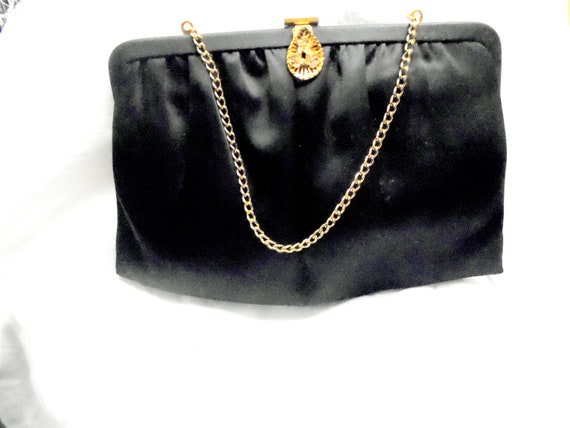 Andre Black Satin Clutch Purse Gold Rhinestone Cl… - image 1