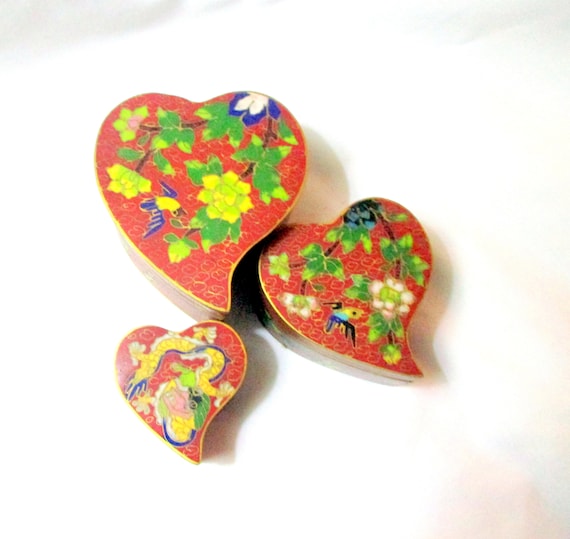 Cloisonne Enamel Heart Boxes Set of Three Nesting… - image 1