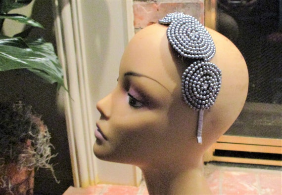 French Beaded Head Band Fascinator Gray Pearls Rh… - image 3