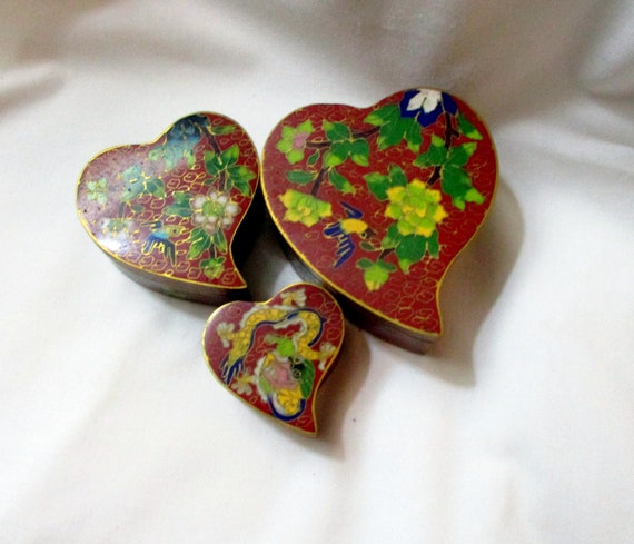 Cloisonne Enamel Heart Boxes Set of Three Nesting… - image 3