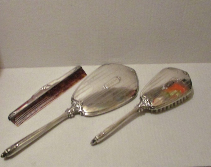Silver Plate Vanity Set, Art Nouveau Mirror, Brush, Comb, Trinket Jar