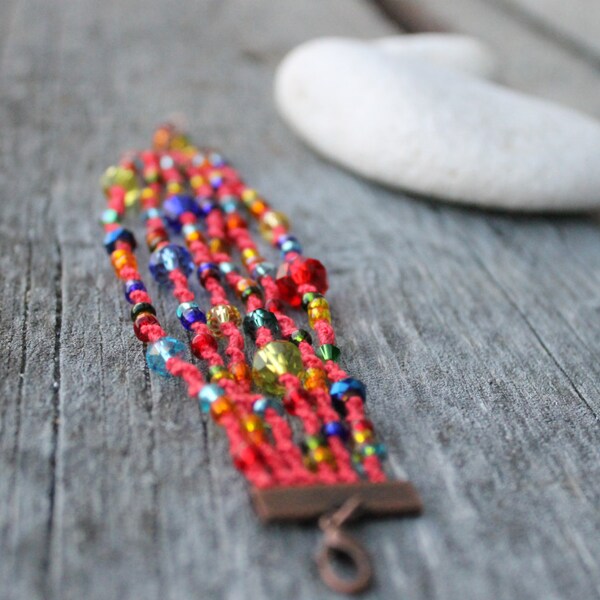 Bohemian Coral Red Bracelet, Macrame Gypsy Bracelet, Beaded Bracelet