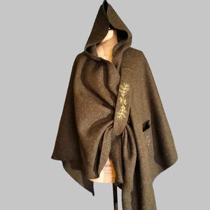 British Boiled Wool Druid Cloak - Moss Green Hooded Cape, Embroidered Pocket