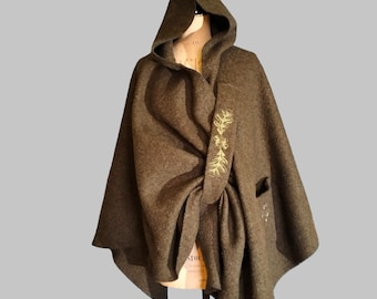 British Boiled Wool Druid Cloak - Moss Green Hooded Cape, Embroidered Pocket