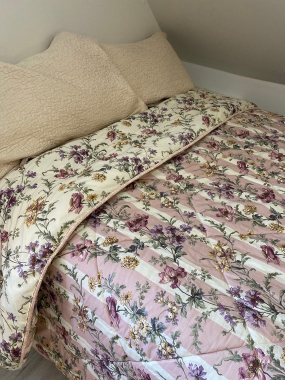 VTG 90s Laura Ashley Pink Stripe and Floral Queen/full Reversible Comforter  USA Made 90 X 82 