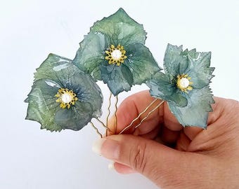 Green Hydrangea Dried Hair Pin - Hydrangea Flower Hair Clip - Resin Flower Hairpins - Green Bridal Headpiece - Wedding Hair Pin - For Mom