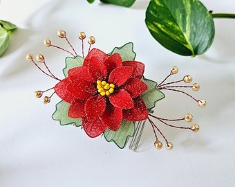 Unique Handcrafted Natural Gemstone Holiday Poinsettia Inspired Hair Stick Poinsettia Flower Hair Clip - Poinsettia Hair Comb - Red  main image 3