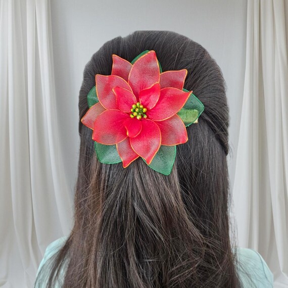 Poinsettia Flower Hair Clip - Poinsettia Hair Comb - Red  display picture 2