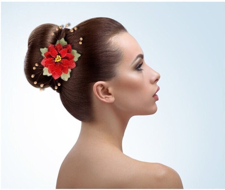 Unique Handcrafted Natural Gemstone Holiday Poinsettia Inspired Hair Stick Poinsettia Flower Hair Clip - Poinsettia Hair Comb - Red  main image 4