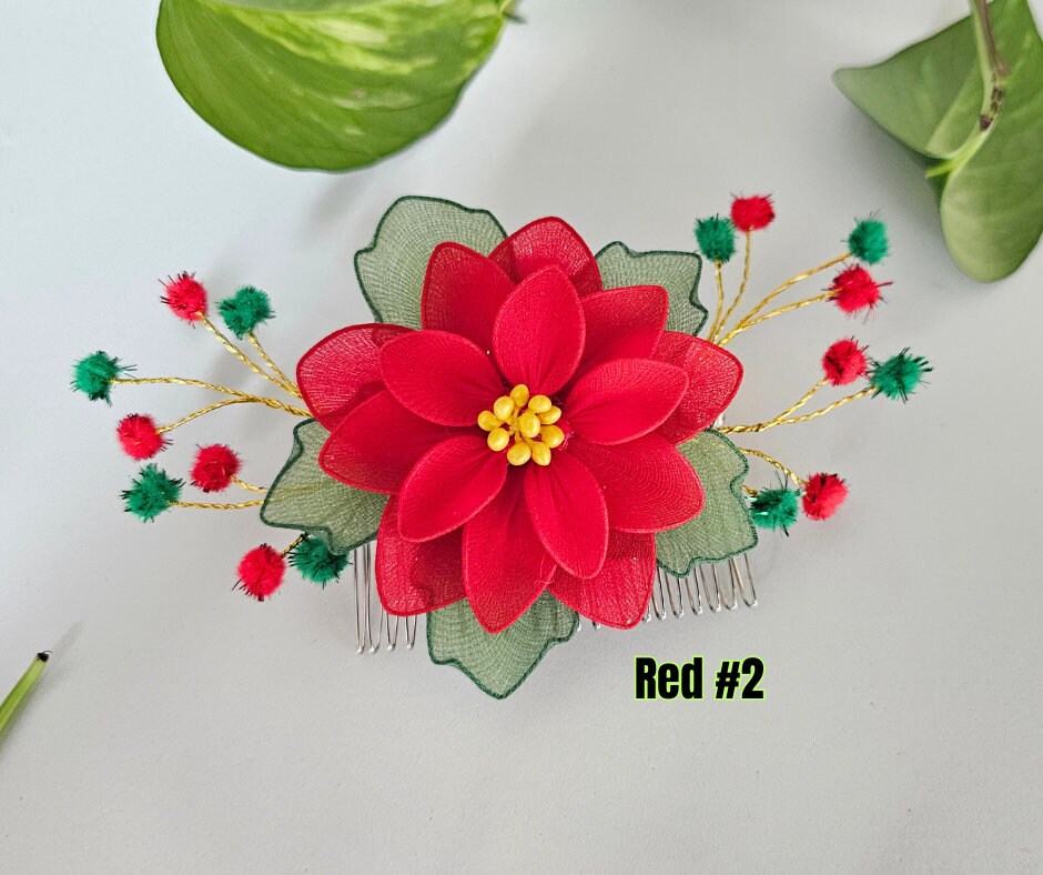 Poinsettia Flower Hair Clip - Poinsettia Hair Comb - Red  display picture 1