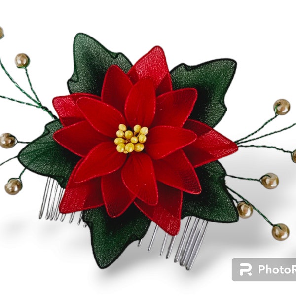 Poinsettia hair comb for Christmas holiday | Christmas hairpin, accessory for holidays, unique holiday gift, gift for her, handmade gift