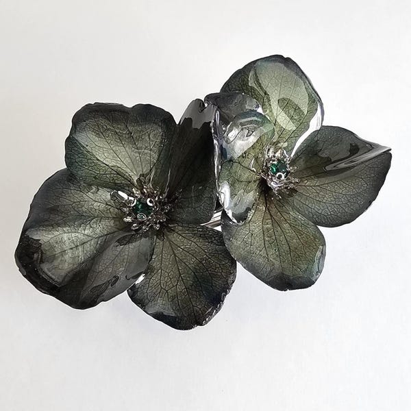Dark Green Real Hydrangea Flower Hair Clip | Preserved Resin Bridal Accessory