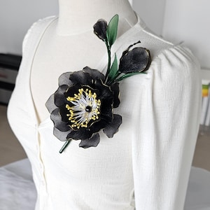 Oversized black Flower brooch - Big Shoulder Pins - Elegant Flower Brooch - Unique Christmas Gift For Her - Bridal Corsage and boutonniere