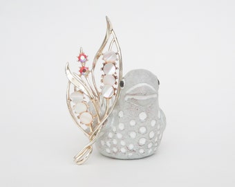 Mother of Pearl and Rhinestone Leaf Brooch Pin