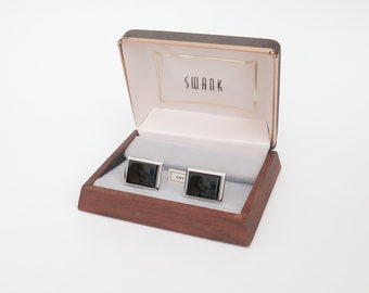 SWANK Black Onyx and Silver Tone Cuff Links with Presentation Box