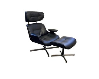 Vintage Plycraft Eames Style Black Vinyl Reading Lounge Chair and Ottoman