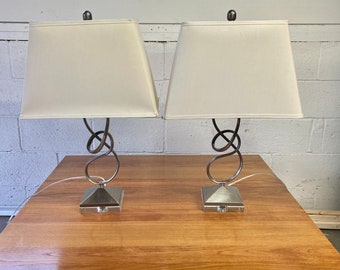 Set of 2 Modern Abstract Silver Metal and Lucite Table Lamps