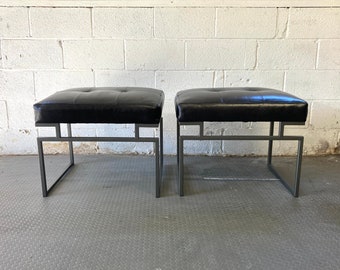 Pair of Black Leather & Metal Designer Ottomans by CR Lane