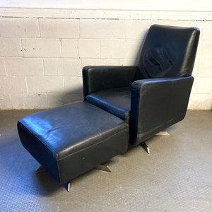 Vintage Mid Century Italian Leather Black Lounge Chair with Ottoman