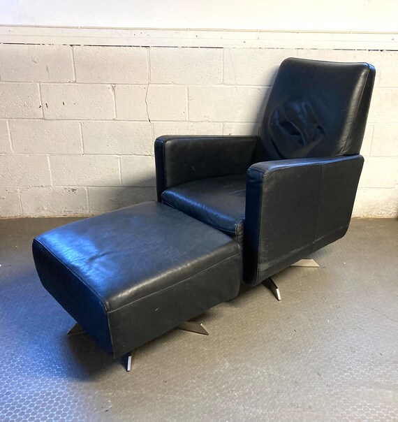 Vintage Mid Century Italian Leather Black Lounge Chair with Ottoman