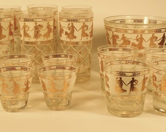 Greek Themed Gold Bar Glasses and Ice Bucket