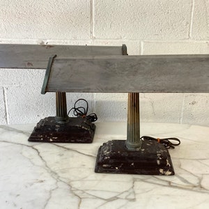 Set of 2 Vintage Metal Greek Column Art Deco Desk Lamps