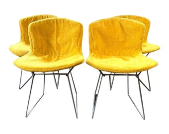 Bertoia Style Vintage Mid Century Dining Chairs Yellow Cushions - Set of 4