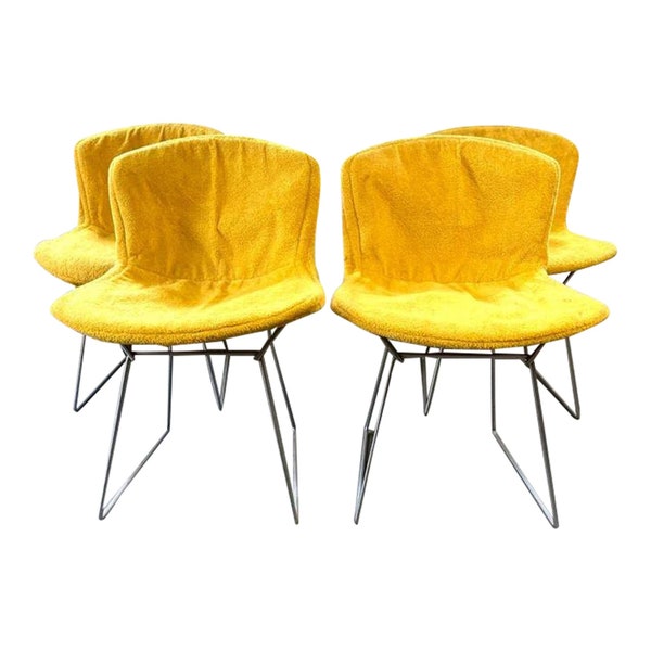 Bertoia Style Vintage Mid Century Dining Chairs Yellow Cushions - Set of 4