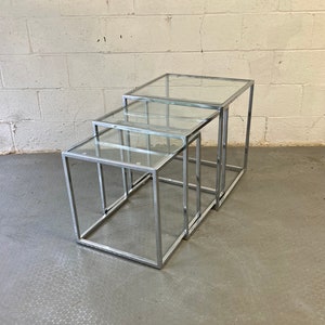 Set of 3 Vintage Mid Century Modern Chrome & Glass Nesting Tables