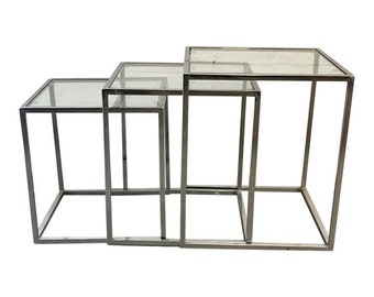 Set of 3 Vintage Mid Century Modern Chrome & Glass Nesting Tables