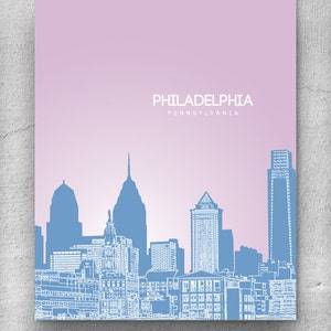 Skyline di Philadelphia, poster d&#39;arte per l&#39;Home Office, stampa della città di Philadelphia, arte murale della città di Philadelphia, stampa artistica a colori personalizzata, stampa di viaggio personalizzata