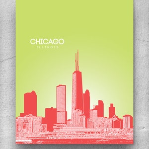 Chicago Illinois Skyline, Chicago Poster, Chicago Wall Art, Custom City Home Decor Art Print, Chicago Travel Print, Chicago Illustration,
