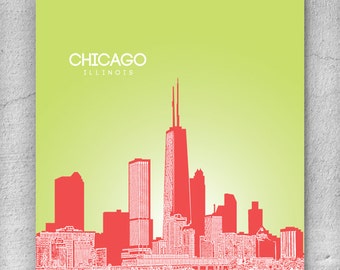 Chicago Illinois Skyline, Chicago Poster, Chicago Wall Art, Custom City Home Decor Art Print, Chicago Travel Print, Chicago Illustration,