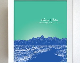 Wedding Gift Skyline /Grand Teton National Park Wyoming / Engagement Gift  / 8x10 Art Poster / Any City Available