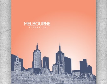 May include: A print featuring the Melbourne, Australia skyline in a detailed, stylized illustration. The artwork is in shades of blue and white against a gradient peach and orange background. The city name is displayed in white text.