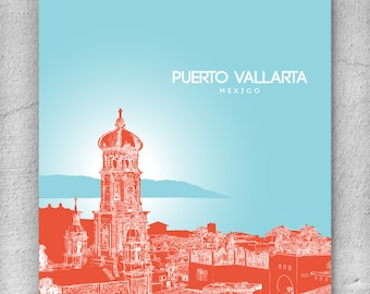 Puerto Vallarta Mexico Skyline Art Poster / Home, Office, Nursery Art Poster / Any City or Landmark