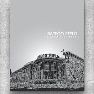 May include: Black and white line art print of Safeco Field in Seattle, Washington. The stadium's name is displayed in large letters above the entrance. The artwork is set against a grey gradient background.
