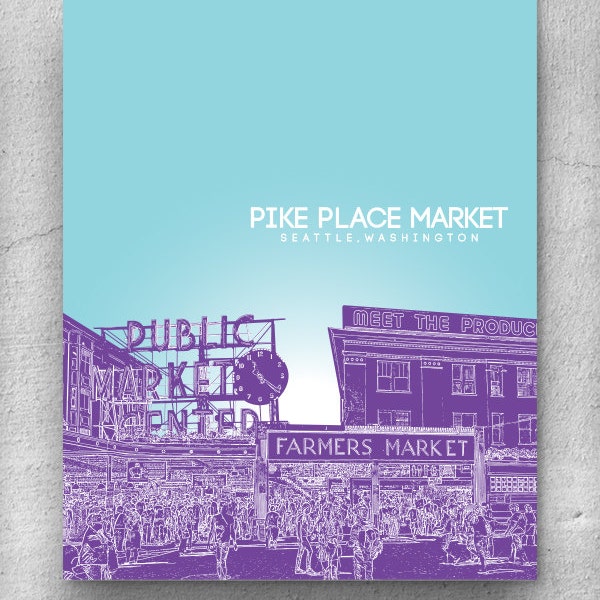 Home Office Wall Art Poster / Pike Place Market Washington Skyline 8x10 Poster / Any City or Landmark