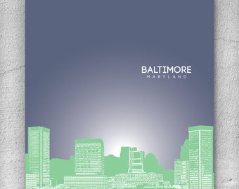 Skyline City Art / Baltimore Maryland Skyline / Home Office Art Poster / 8x10 Print Any City Available