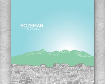 Skyline City Art / Bozeman Montana Skyline / Home Office Art Poster Print / 8x10 Print Any City Available