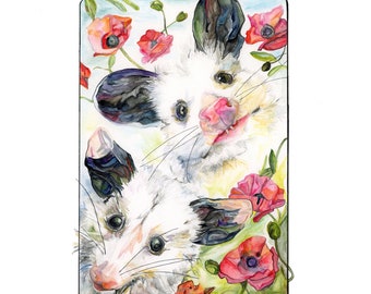 Poppies and Opossums, Original Watercolor Illustration Print by Emily Ferguson