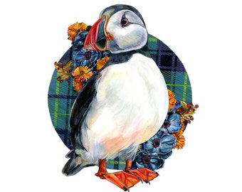 Puffin in Plaid, Original Watercolor Illustration Print by Emily Ferguson