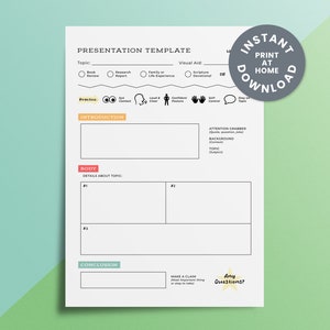 Może przedstawiać: Drukowany szablon prezentacji z sekcjami na temat, ćwiczenie, wprowadzenie, treść, szczegóły dotyczące tematu, zakończenie i przyciągnięcie uwagi. Zawiera sekcję pomocy wizualnej z opcjami dla recenzji książek, raportu badawczego, doświadczenia rodzinnego lub życiowego oraz nabożeństwa biblijnego.