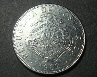 1982 Costa Rica 2 Colones Coin - Two Colones - Republica De - Small Ship, Mountains -Vintage World Coin -FREE U.S. Shipping -1.25 Int'l Ship