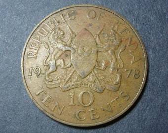 1978 Kenya 10 Cent Coin - 10 Cents - Pres. Mzee Jomo Kenyatta - Nice Design - Large Coin -Vintage World Coin -FREE U.S. Shipping, 1.25 Int'l