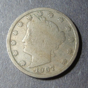 1907 Liberty Head Nickel - Five Cents - U.S. Coin - 5 -&quot;v nickel&quot; -Philadelphia Mint -1907-P - 1.25 Int&#39;l Shipping